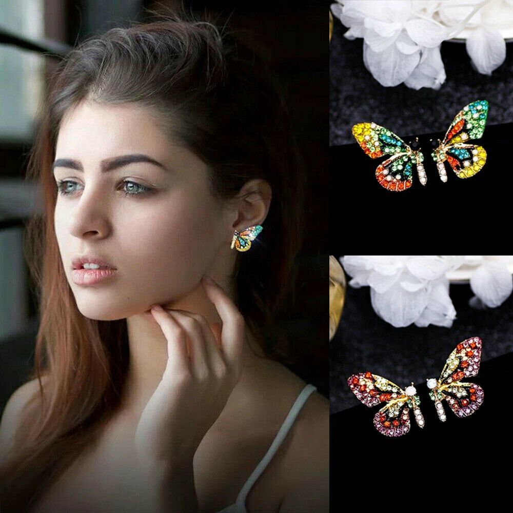 Colorful Sparkling BUTTERFLY Earrings NEW Red Pink Rhinestones Pierced Stud - Picture 8 of 9